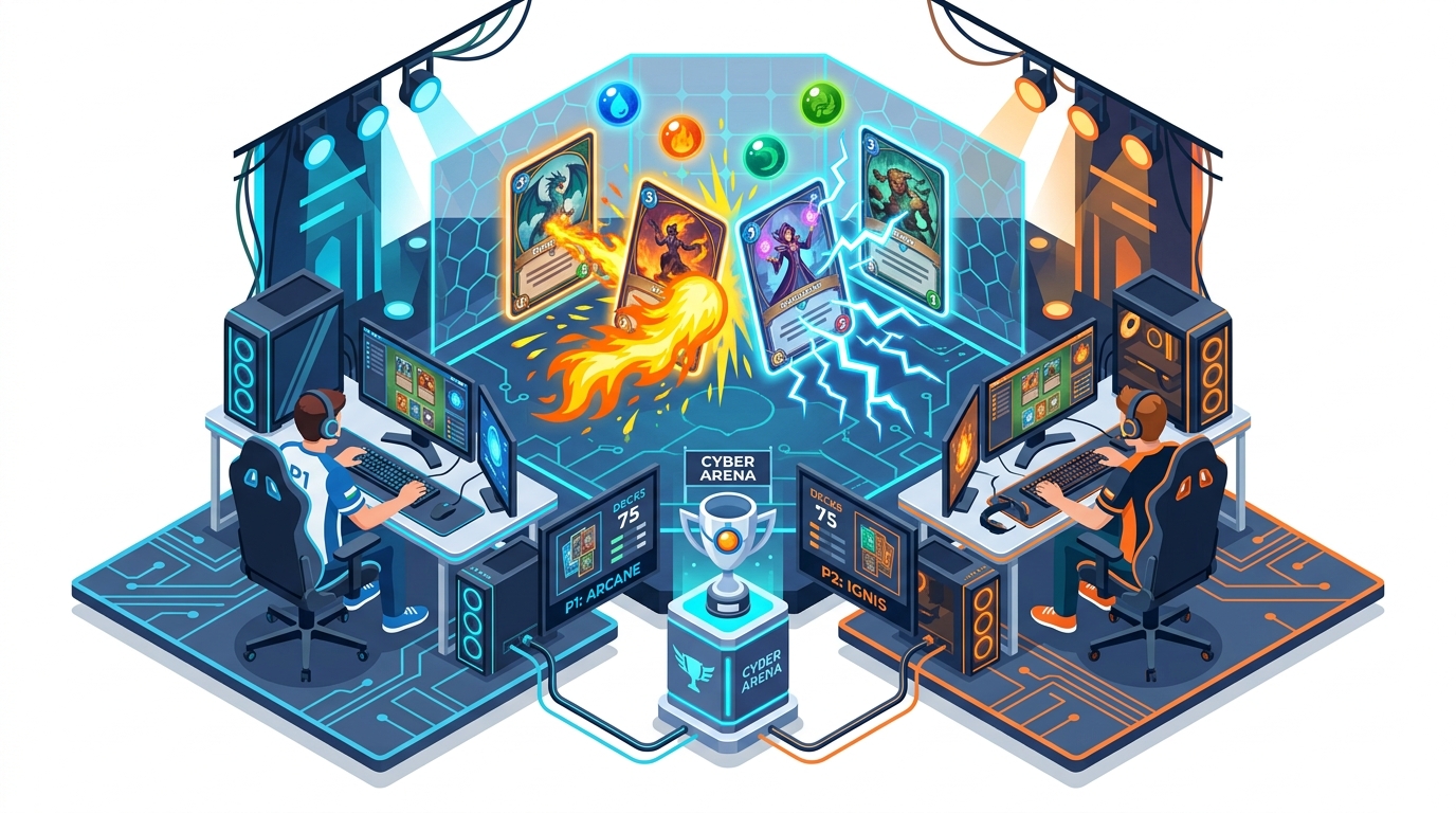 Clean isometric vector illustration of an esports card game tournament battle station with spell cards clashing on a white background